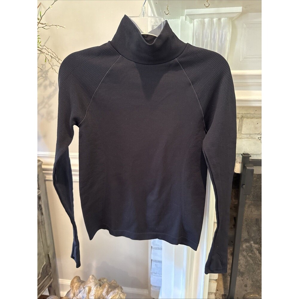 Athleta Flurry Blizzard Rib Turtleneck Top SMALL S Thumb Holes Black Mock Neck